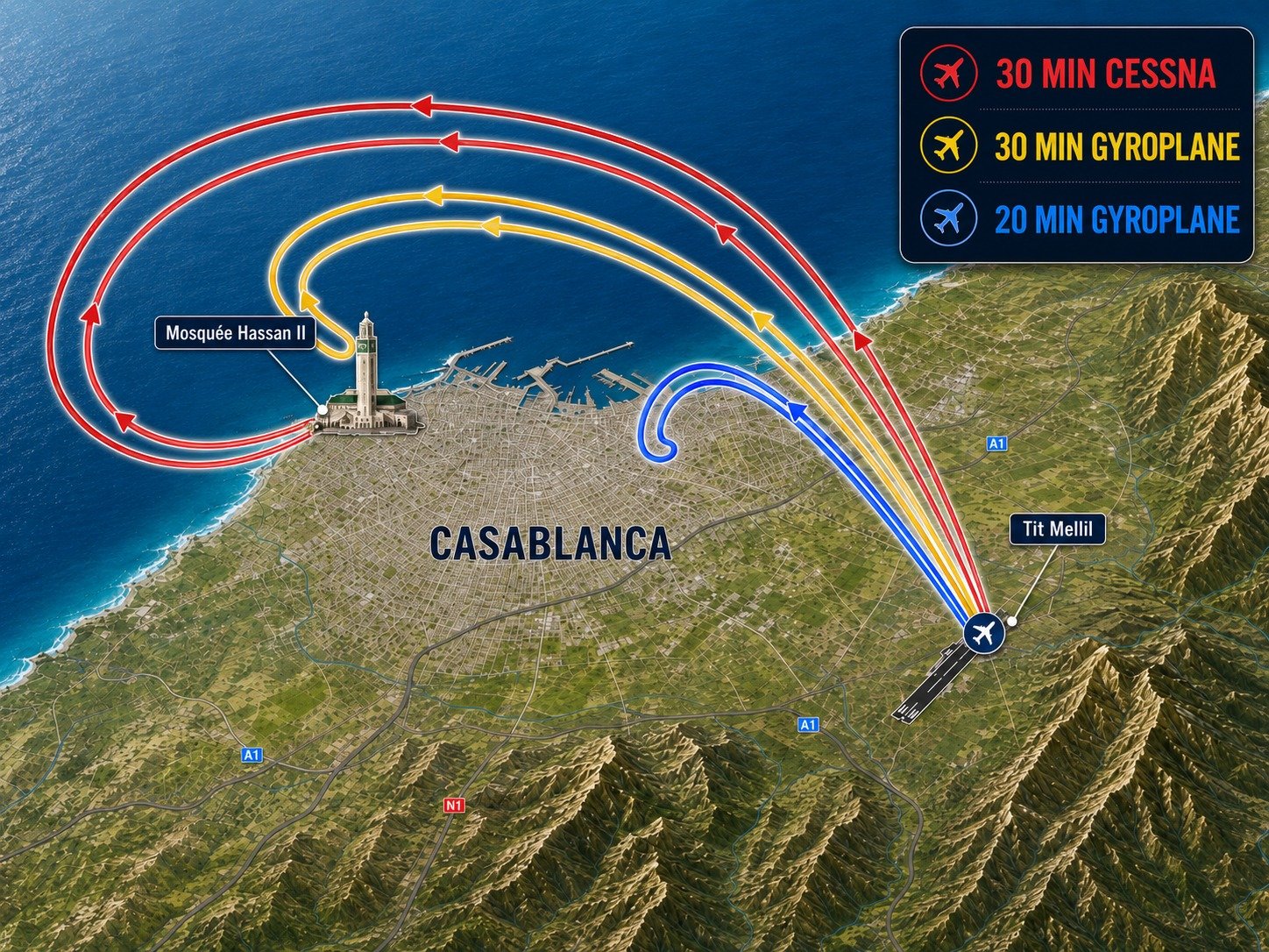 Carte des trajets : trois circuits au départ de l'aéroport de Tit Mellil, au-dessus de Casablanca, de la mosquée Hassan II et du littoral atlantique.